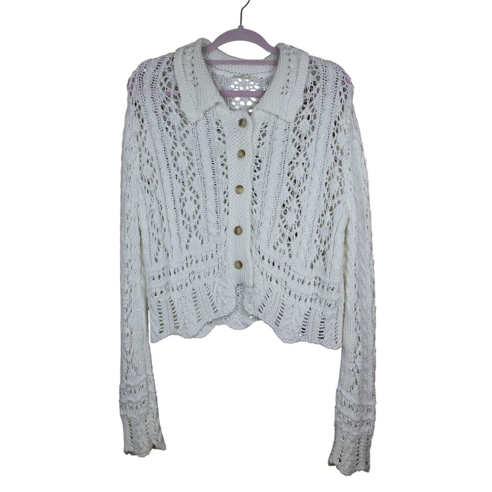 Robin Ivory Crochet Open Knit Long Sleeve Button Up Boho Sweater Size S